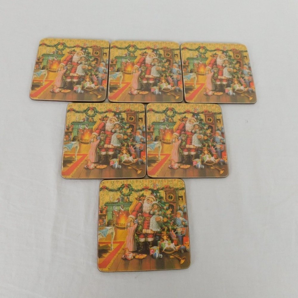 Christmas Coasters Vintage Santa Toys Tree Cork Back Set of Six Old World 4"x4"